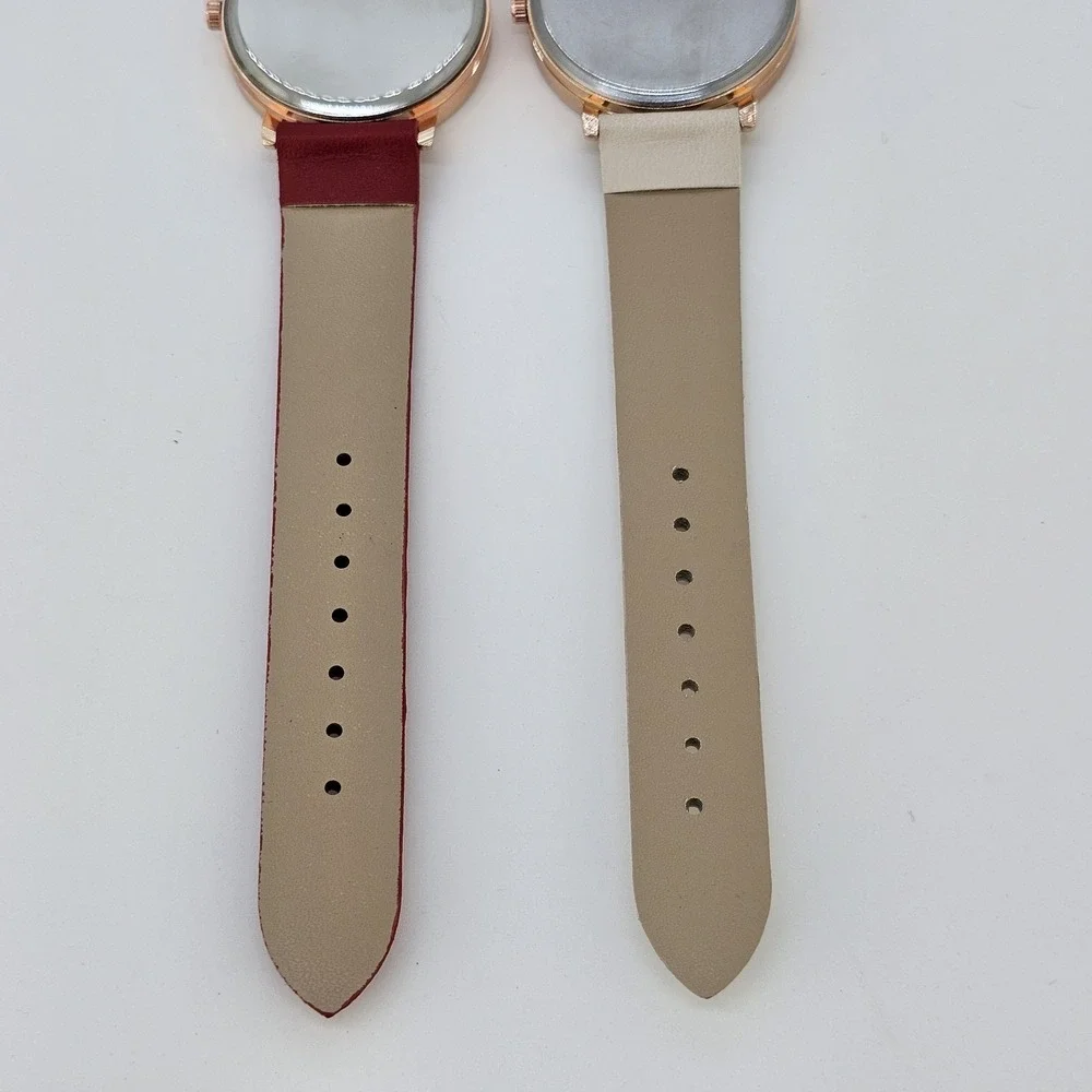 2X Women's‎ Watch 36MM White Cream Dial Red Cream Faux Leather Bands NEW Battery